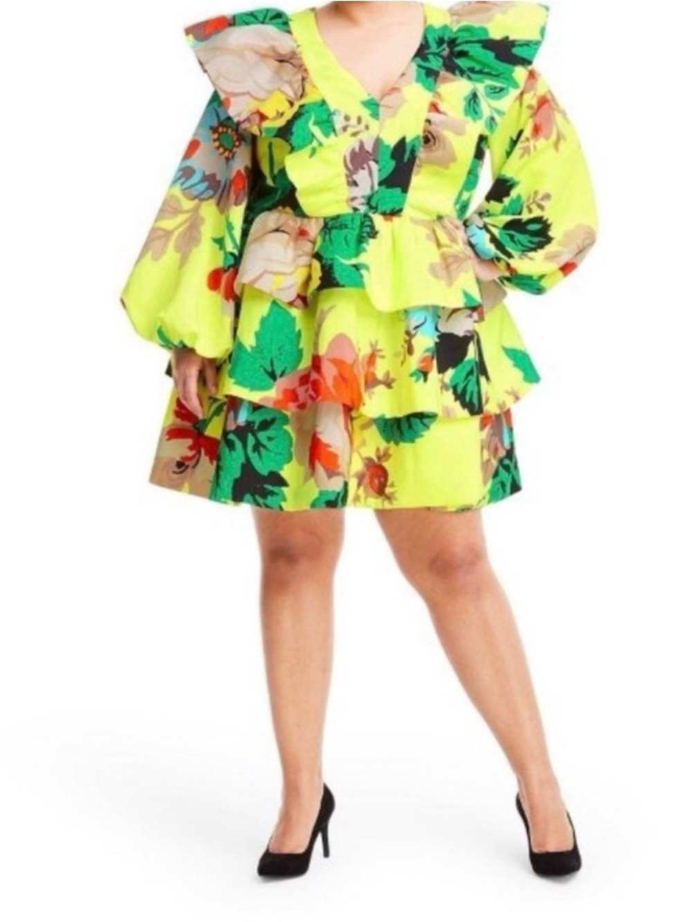 Christopher John Rogers Neon Yellow Floral Tiered Mini Dress